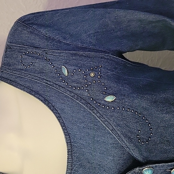 VTG STUART ALAN 1980s Western Colonial Chambray Denim Tie Back 2Fer Dress - Picture 5 of 11